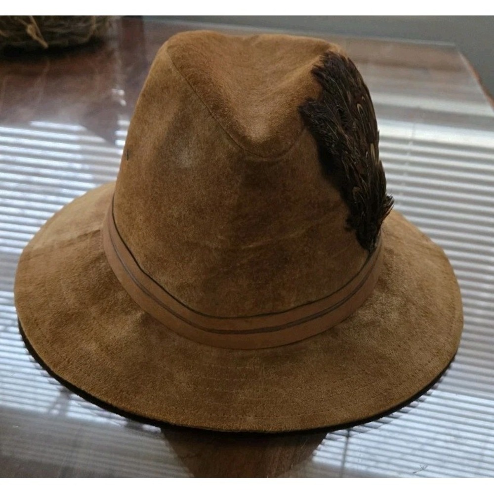 Vintage Suede Fedora Hat Pheasant Feather Trim USA Made Boho Western - Picture 3 of 11